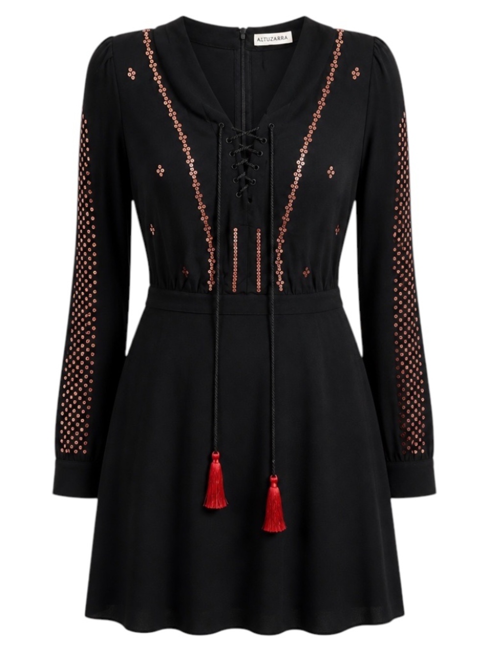ALTUZARRA BLACK SEQUINED LONG SLEEVED SILK CREPE DRESS WITH TASSEL DETAIL